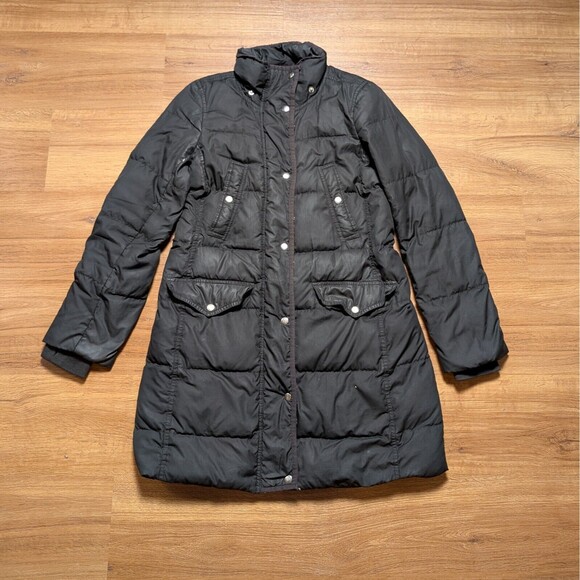J Crew Puffer Jacket Women S Small Black Down Feathers Zip Snap Casual - Picture 1 of 9